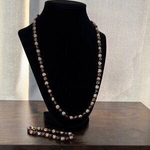 Real Pearl Brown and Cream Necklace and Bracelet Set Silver 925